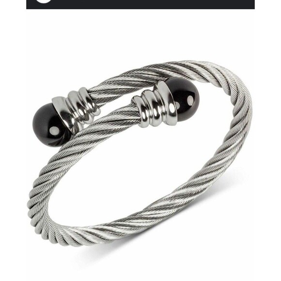 MACY'S Designer Stainless Steel & Onyx Cable bracelet - Picture 1 of 6